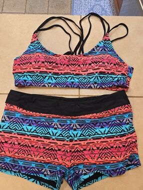 Women's Vibrant Aztec Print Bikini Set in Coral, Teal & Purple
